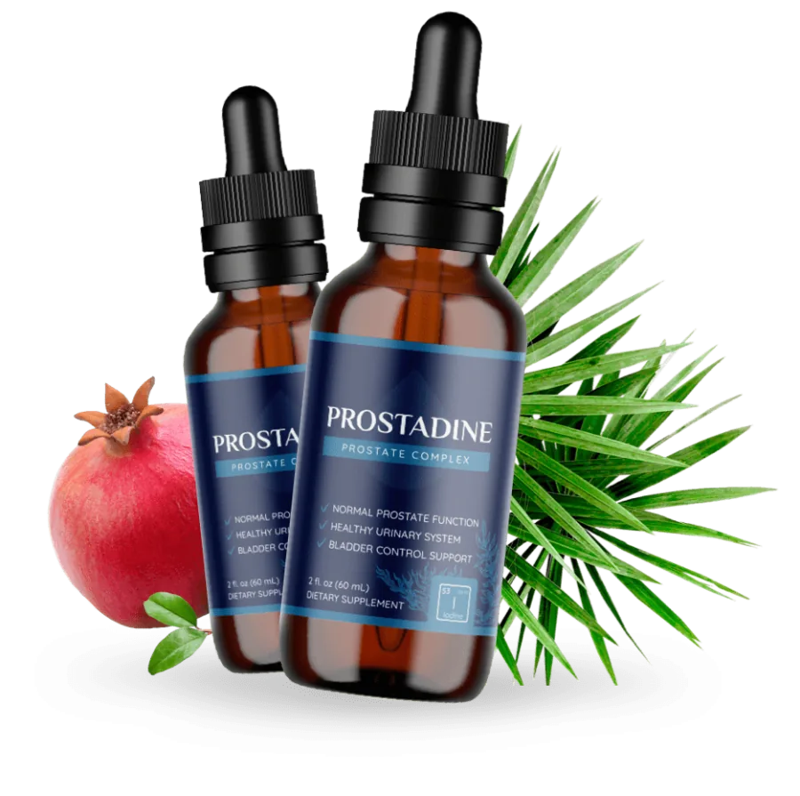 Two Prostadine dropper bottles with saw palmetto leaves and a pomegranate