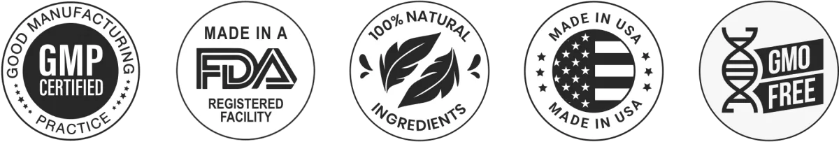 GMP certified, FDA registered facility, 100% natural ingredients, made in USA, GMO free
